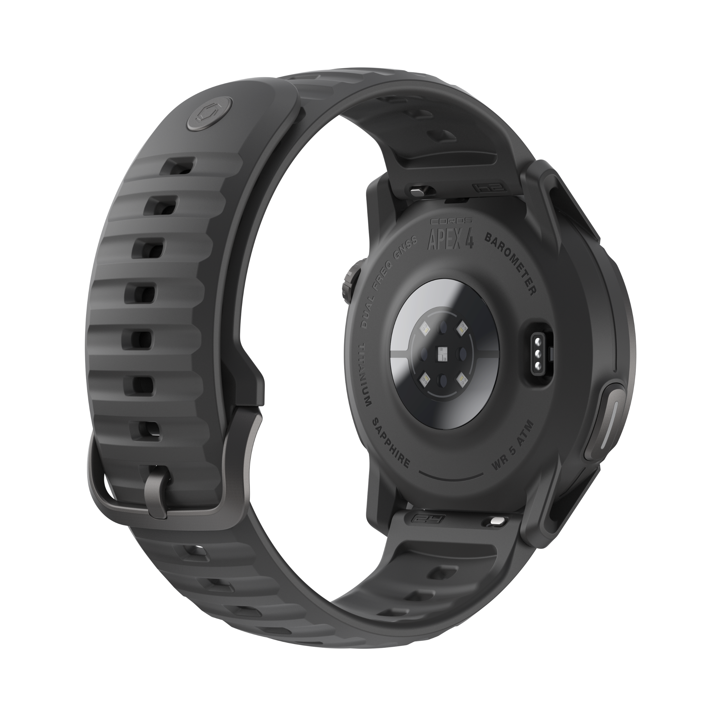 Black smartwatch with a textured band on a white background