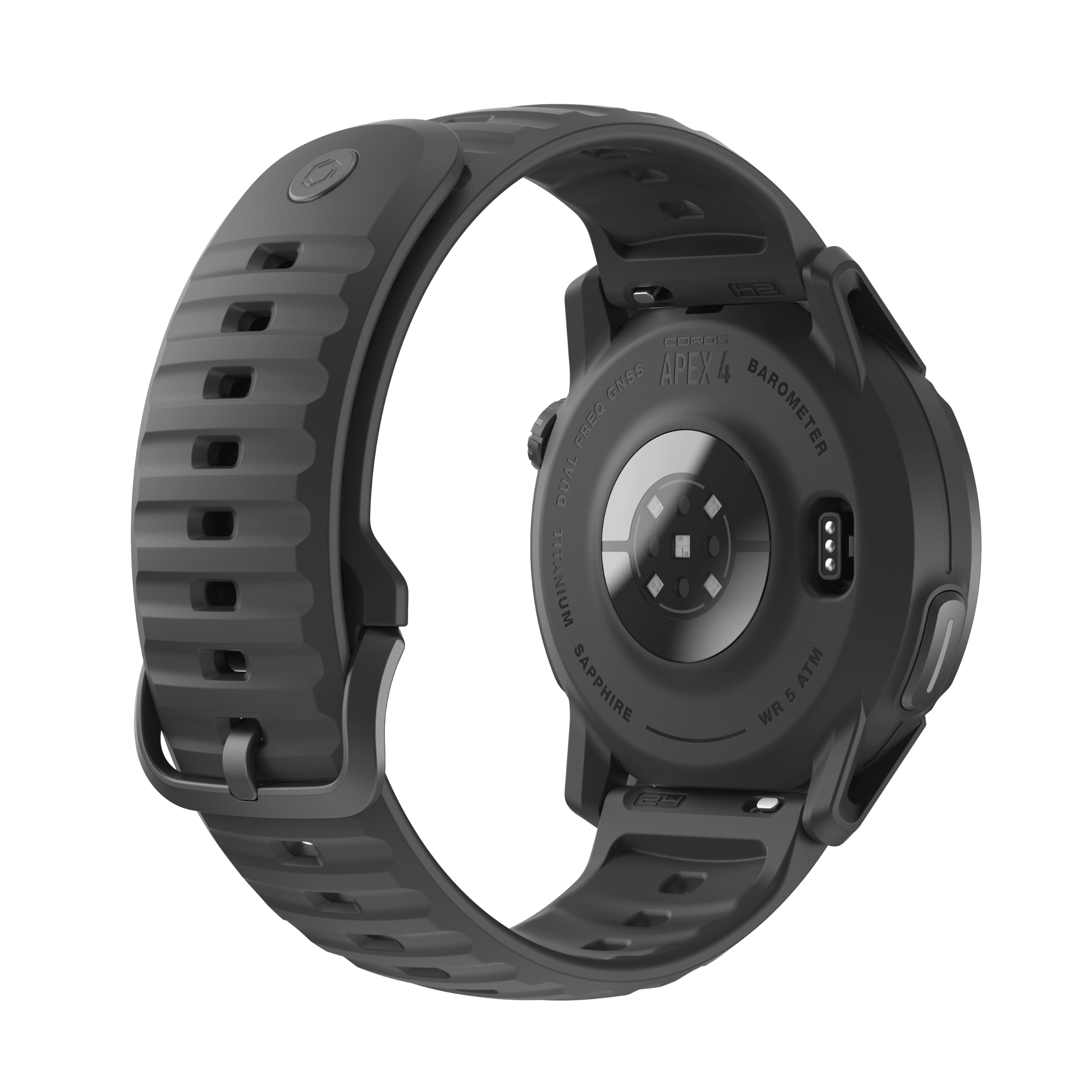 Black smartwatch with a textured band on a white background