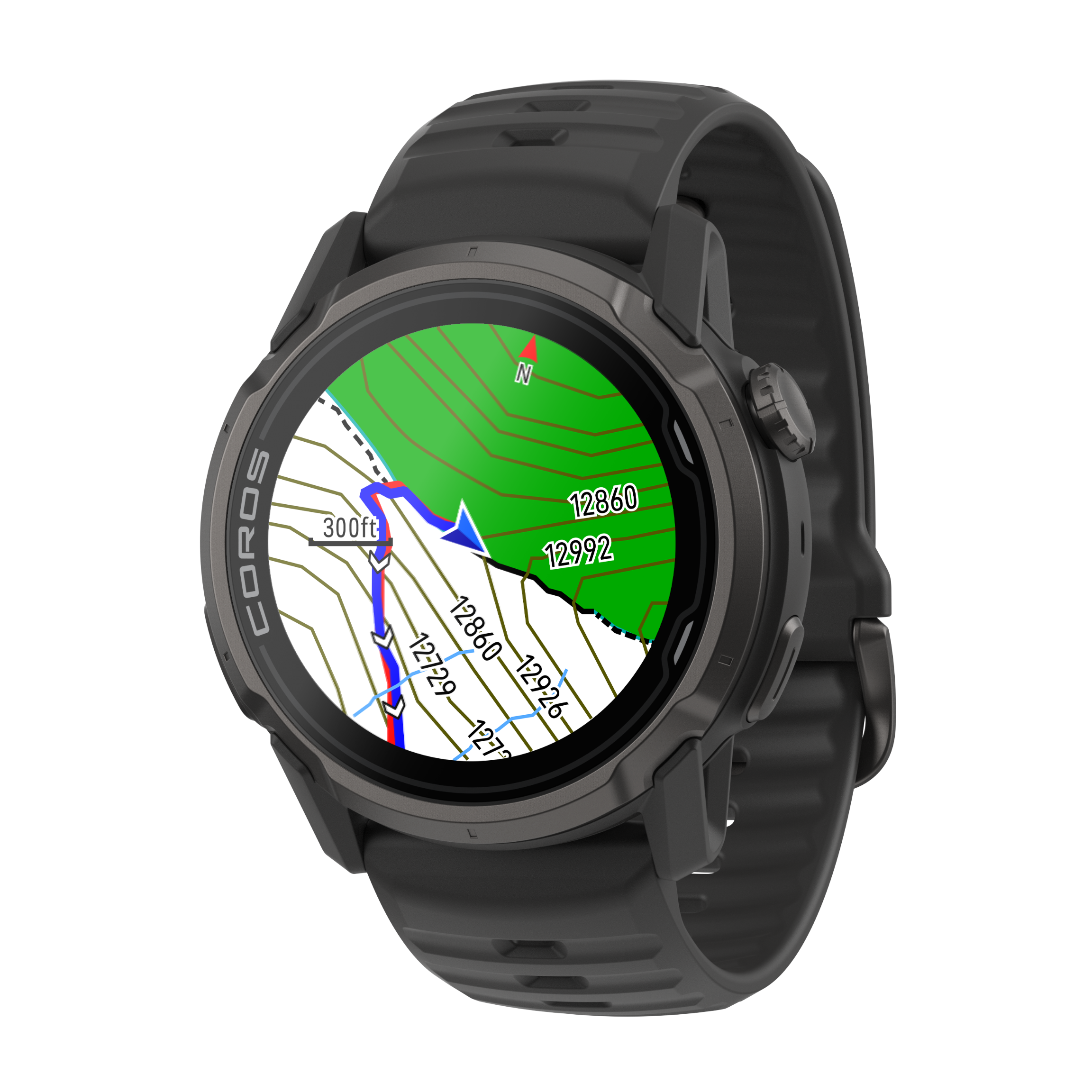 Smartwatch with a map displayed on its screen against a white background