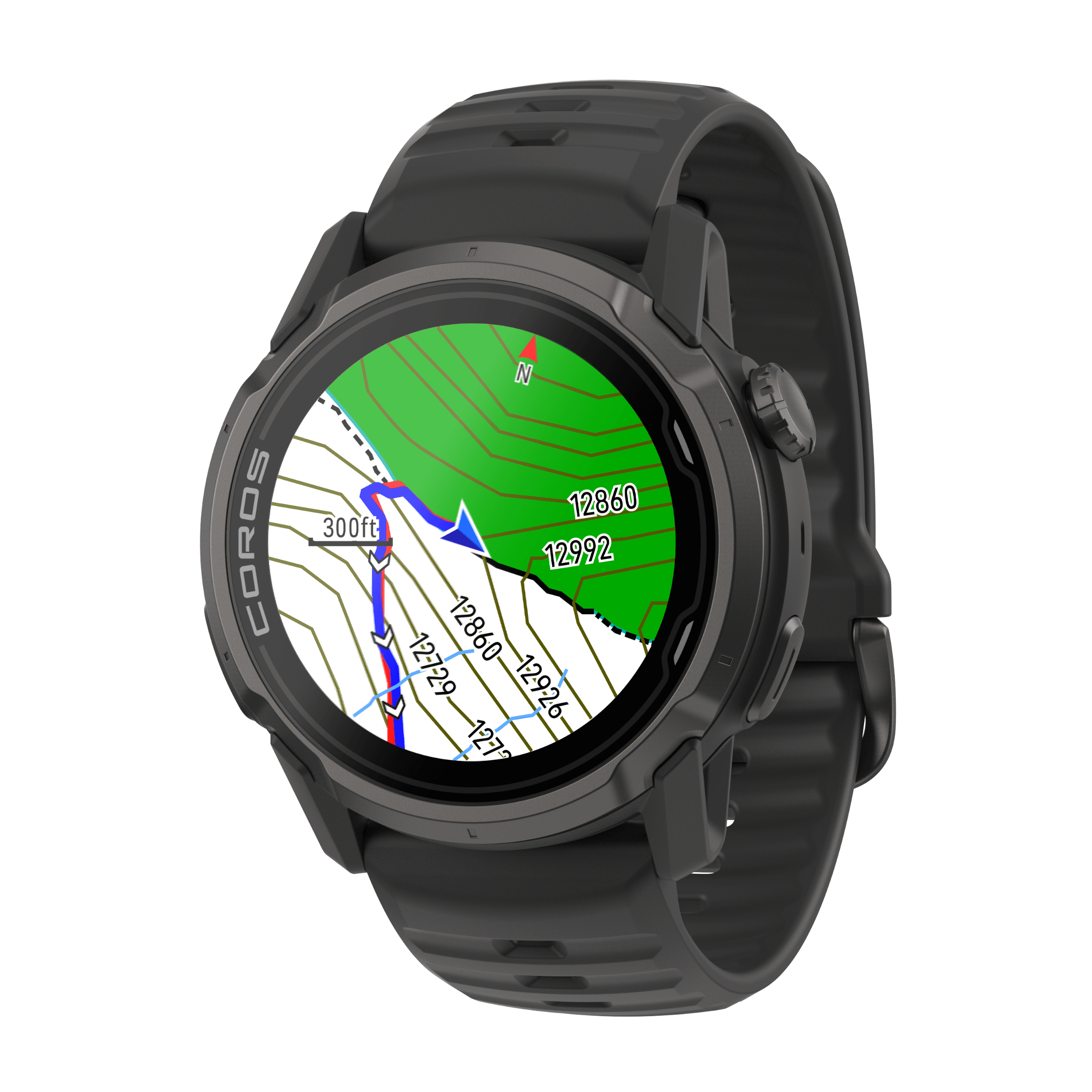 Smartwatch with a map displayed on its screen against a white background