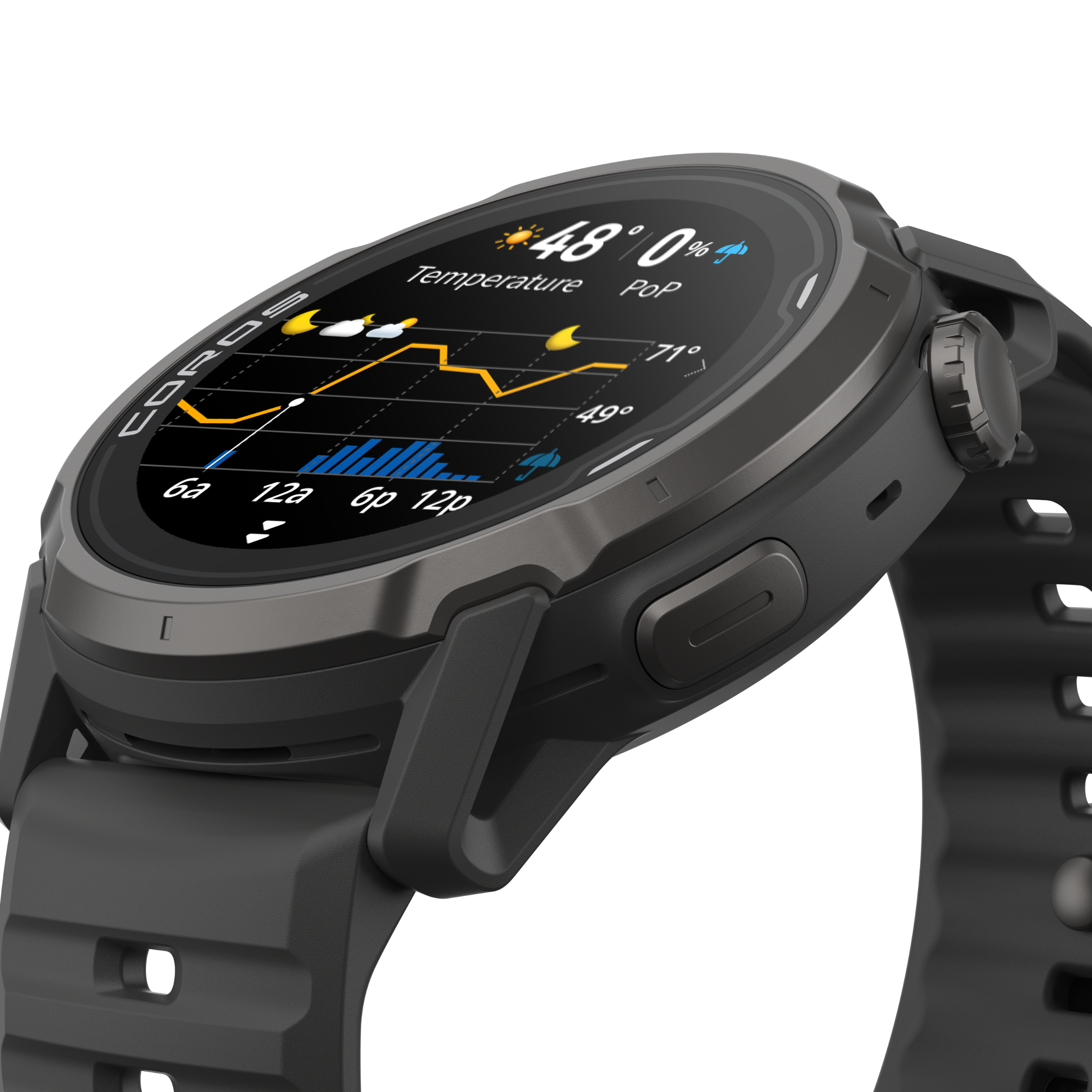 Black smartwatch with a display showing various metrics on a white background
