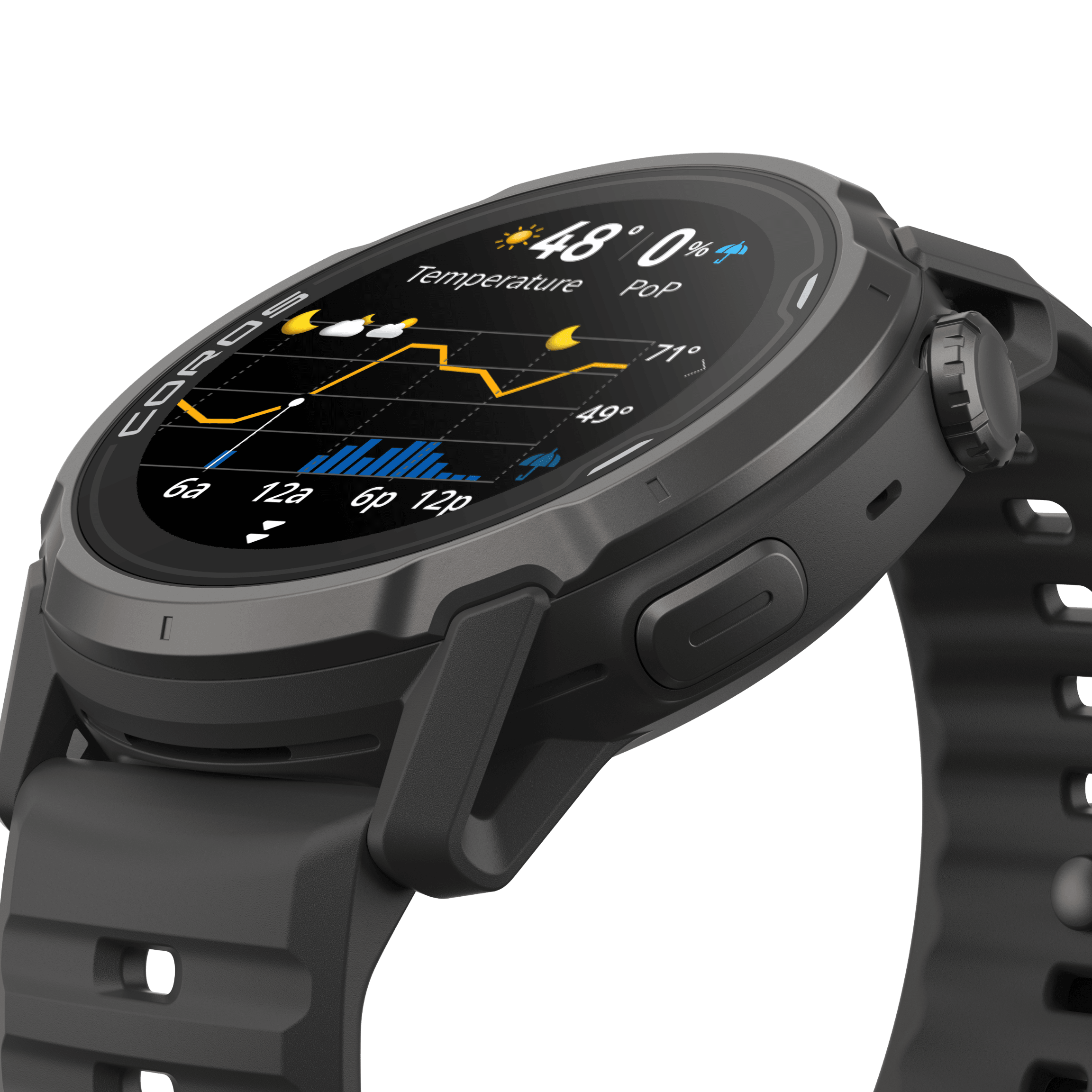 Black smartwatch with a display showing various metrics on a white background