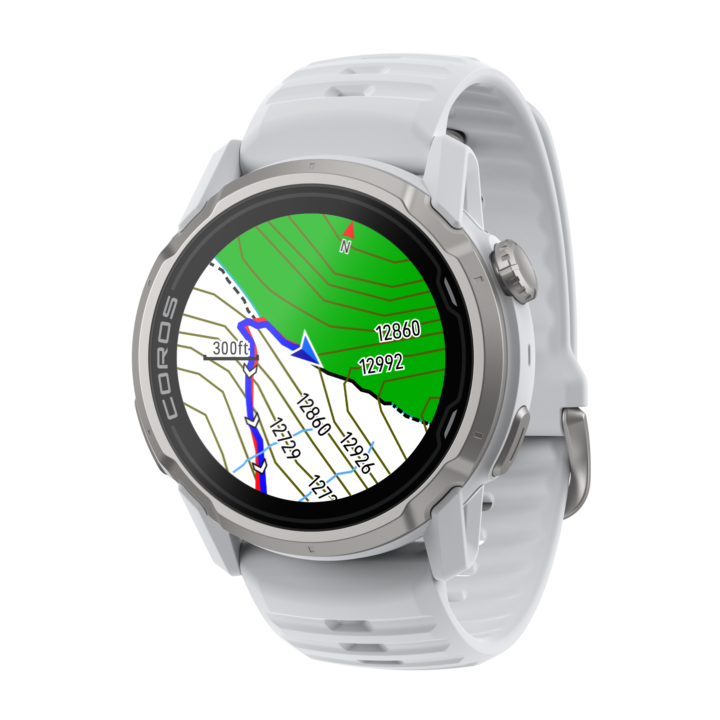 Smartwatch with a map displayed on its screen against a white background
