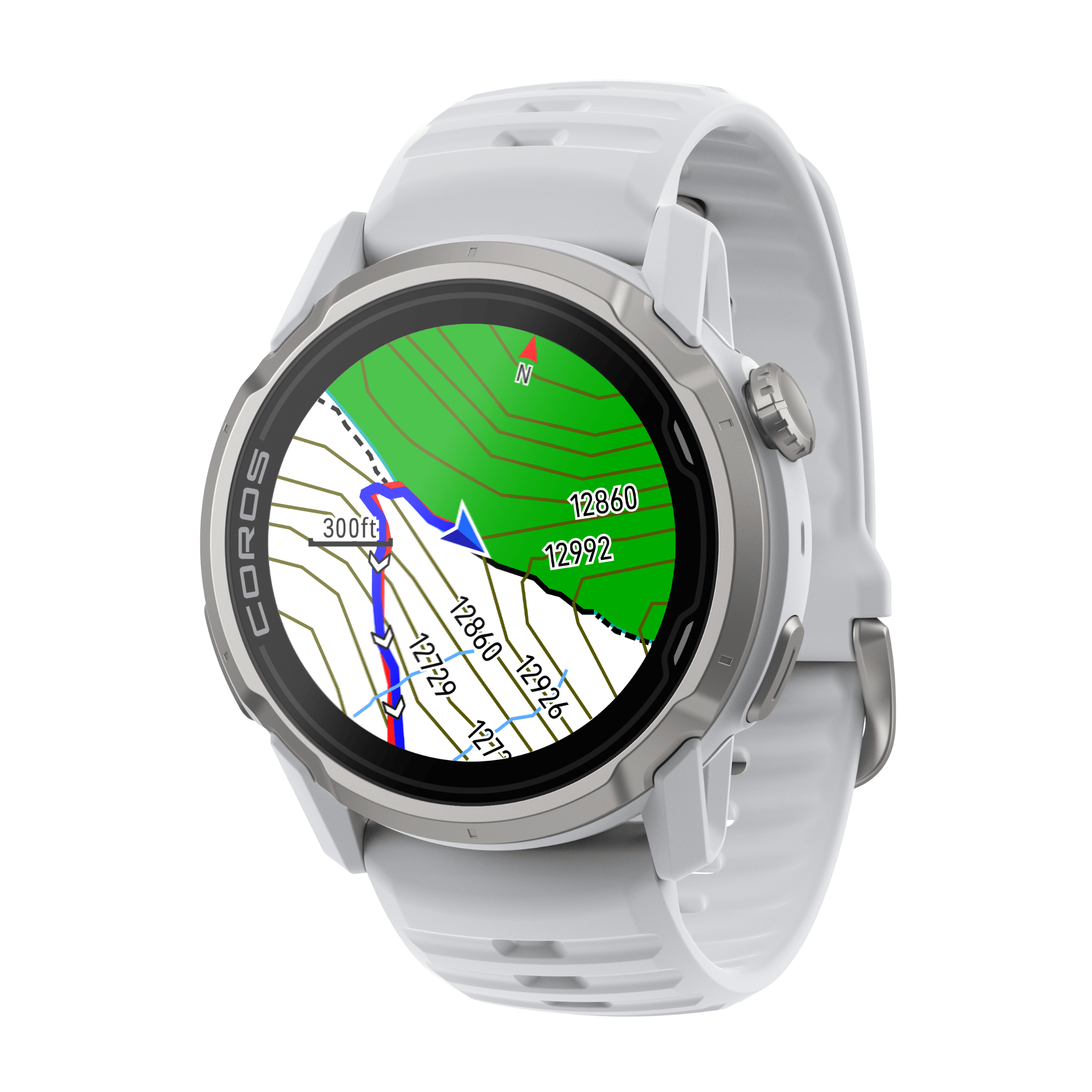 Smartwatch with a map displayed on its screen against a white background