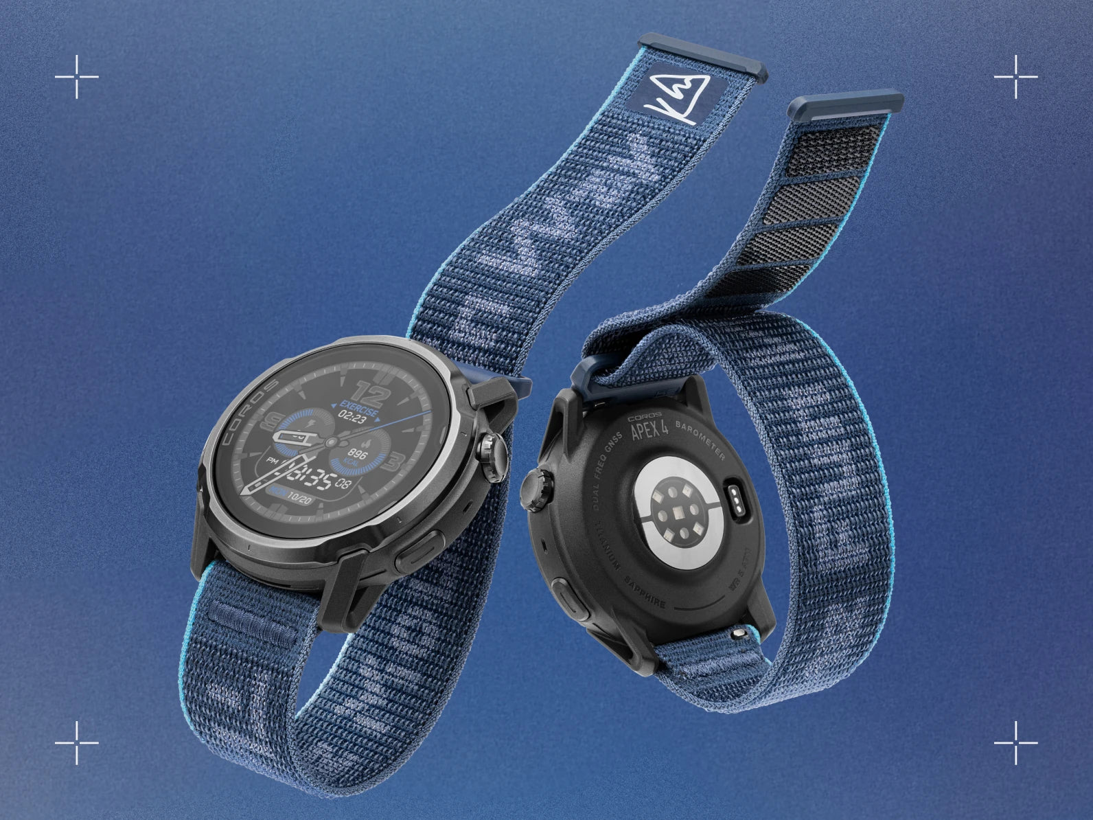 The COROS APEX 4 Smartwatch with blue nylon strap on a blue gradient background. Kilian jornet limited edition band