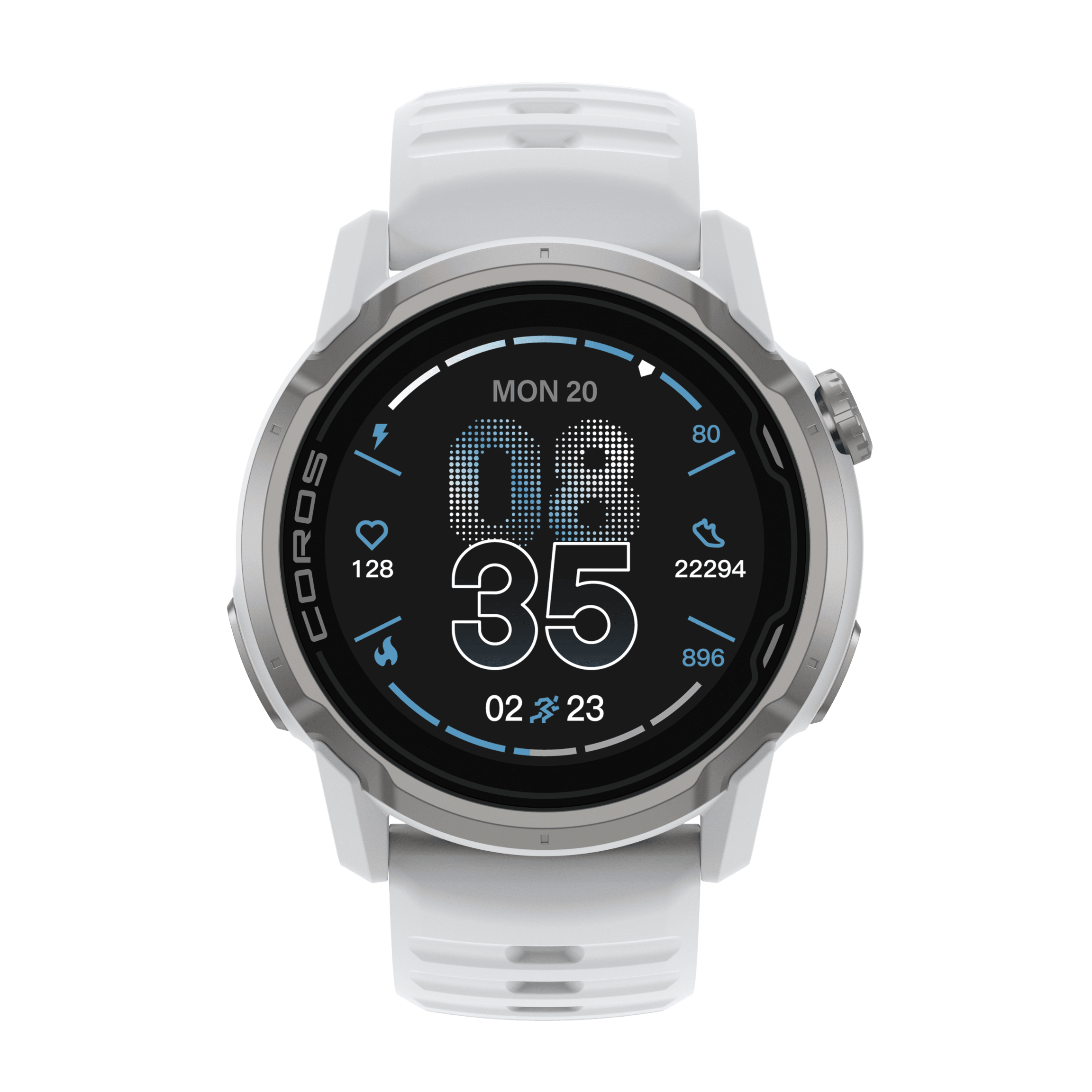 White smartwatch with a digital display on a white background