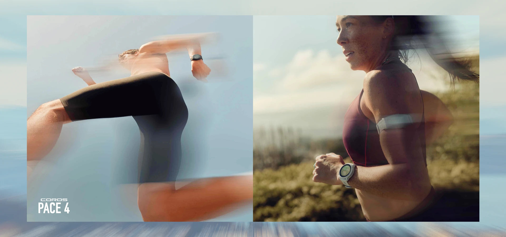 Two images of a person running with a PACE 4 running watch on their wrist, one showing a close-up of the watch and the other in a natural setting.