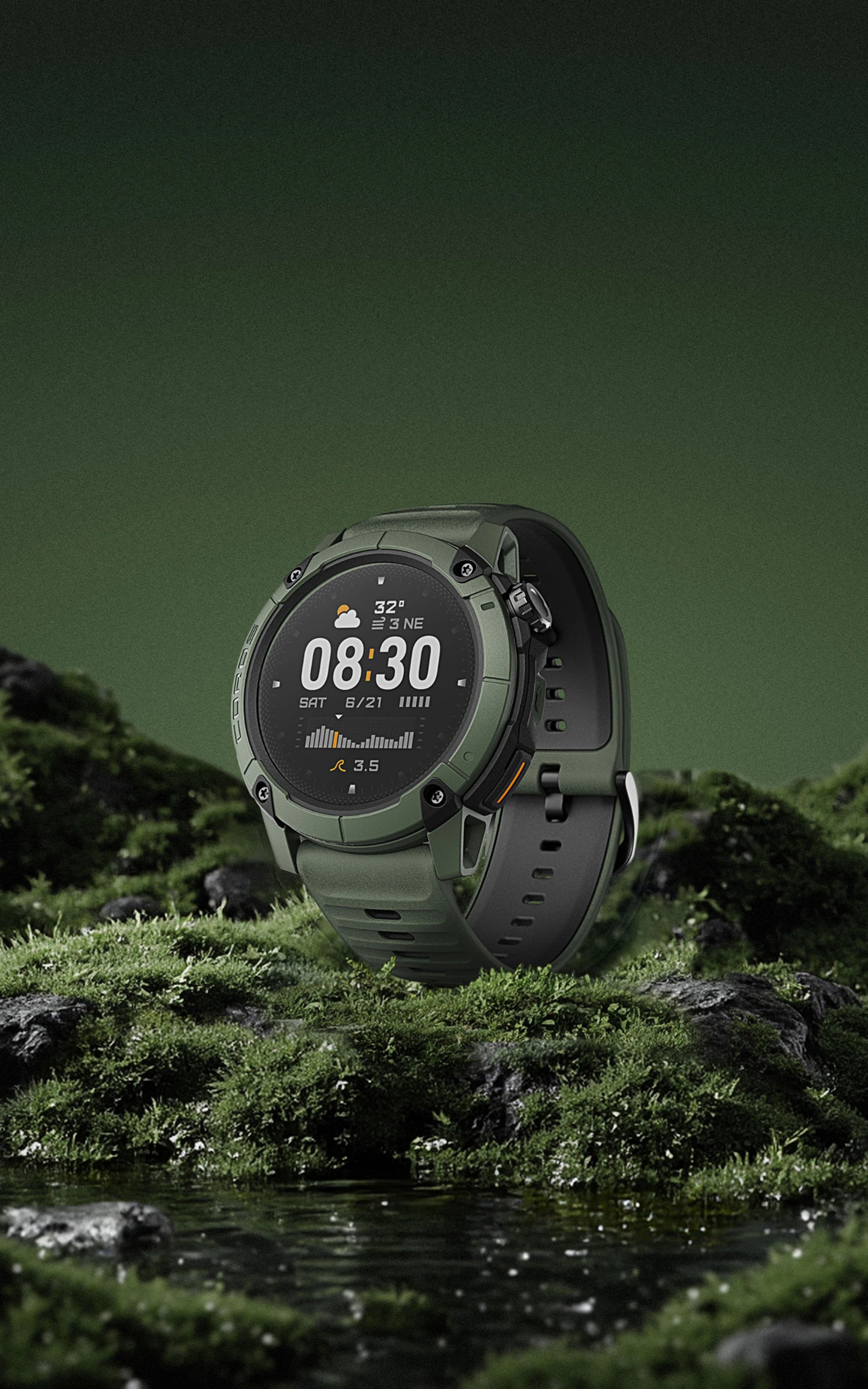 Green smartwatch on a rocky surface with a green background COROS Nomad