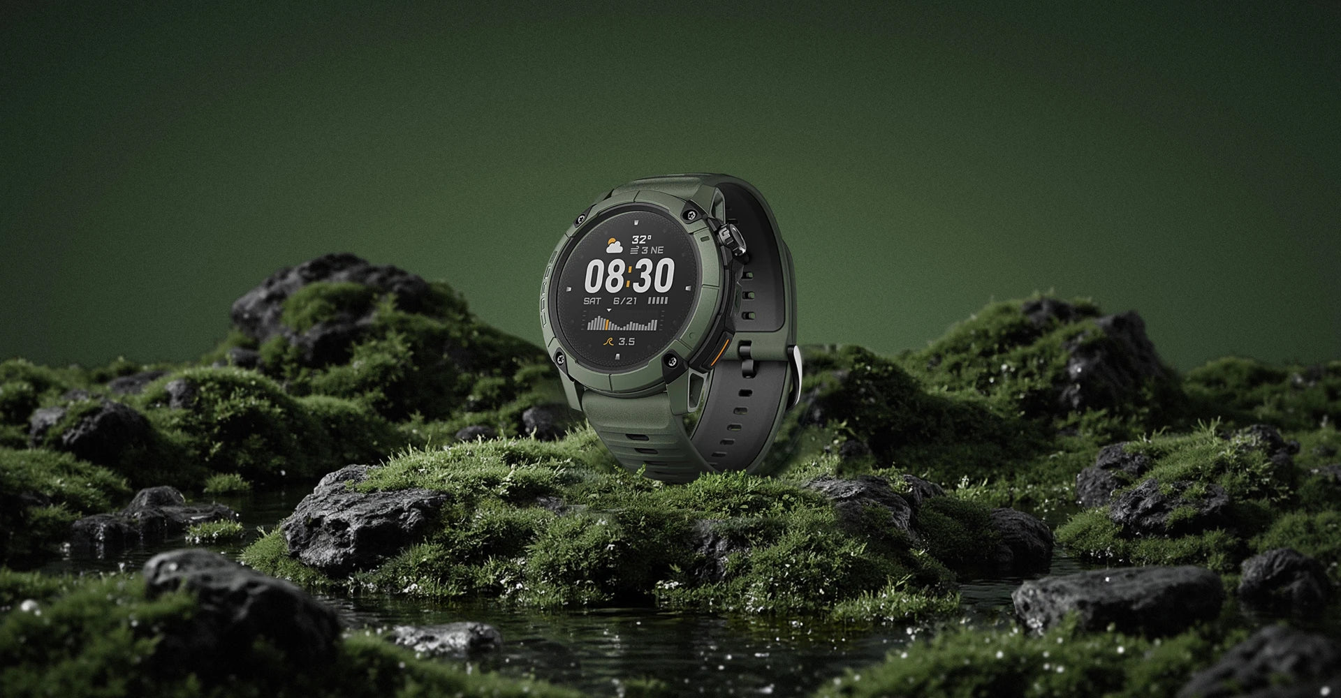 Green smartwatch on a rocky surface with a green background. Coros Nomad