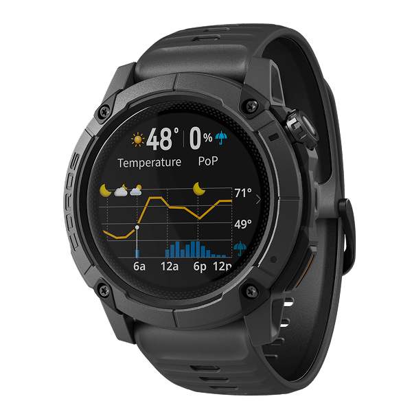 Black smartwatch with a weather app display on a white background