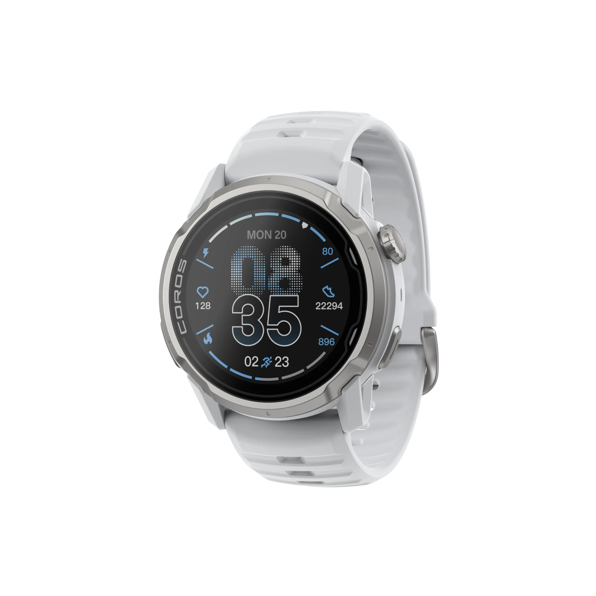 White COROS APEX 4 smartwatch for trail running and mountains 