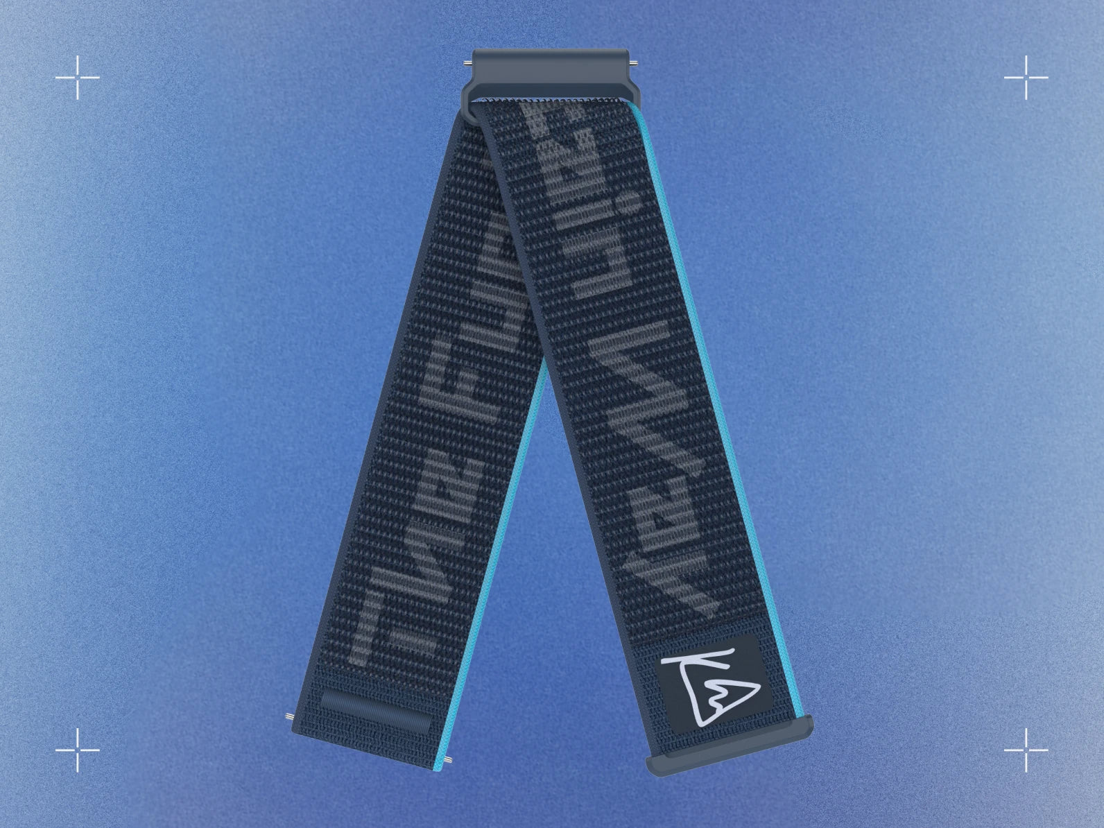 Blue GPS-watchband with white text on a blue gradient background. Kilian jornet band

