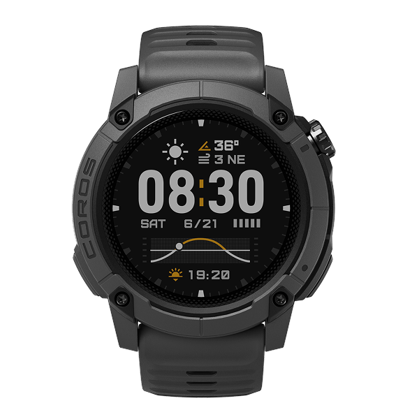 Black smartwatch with digital display on a white background