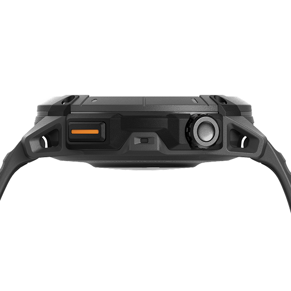 Close-up of a black smartwatch on a white background