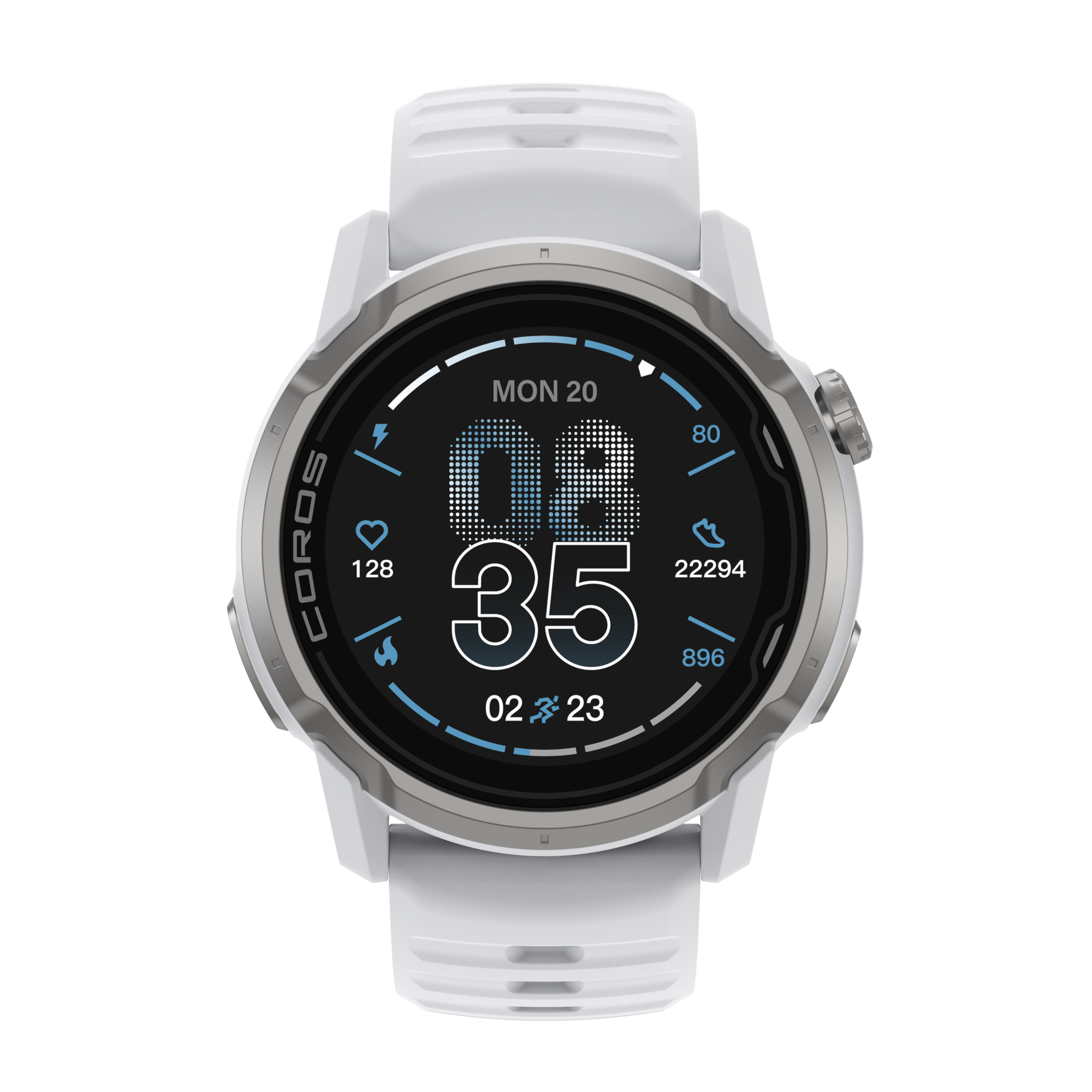 White smartwatch with a digital display on a white background