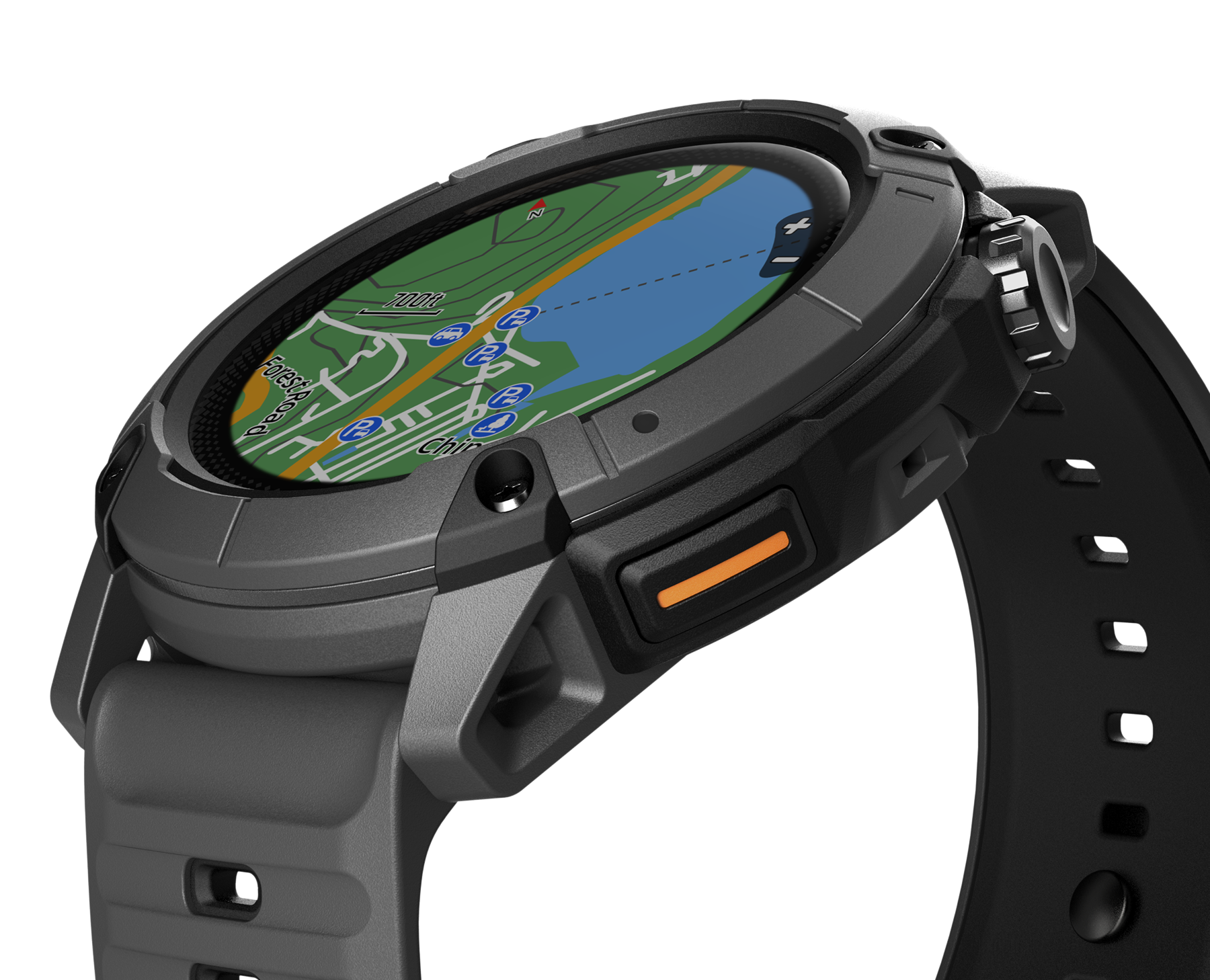 Smartwatch with a map displayed on its screen against a white background
